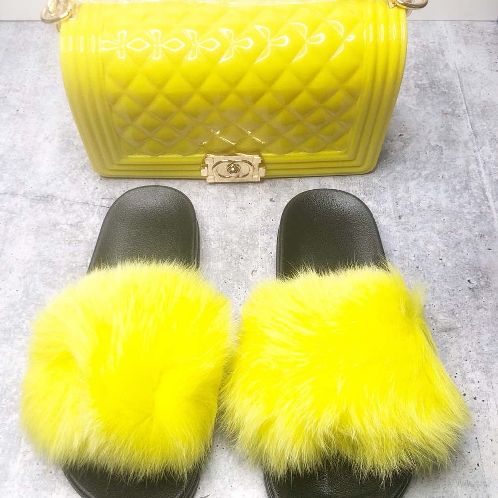SOLD-Matching Jelly Purse Bag Faux Fur Slides Sz 8 - Picture 2 of 7